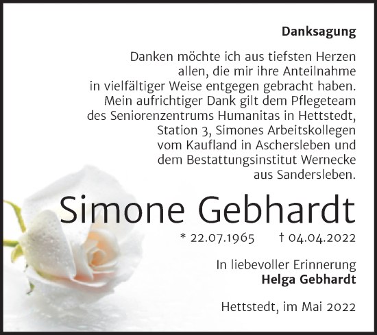 Traueranzeige von Simone Gebhardt von Trauerkombi Mansfelder Land