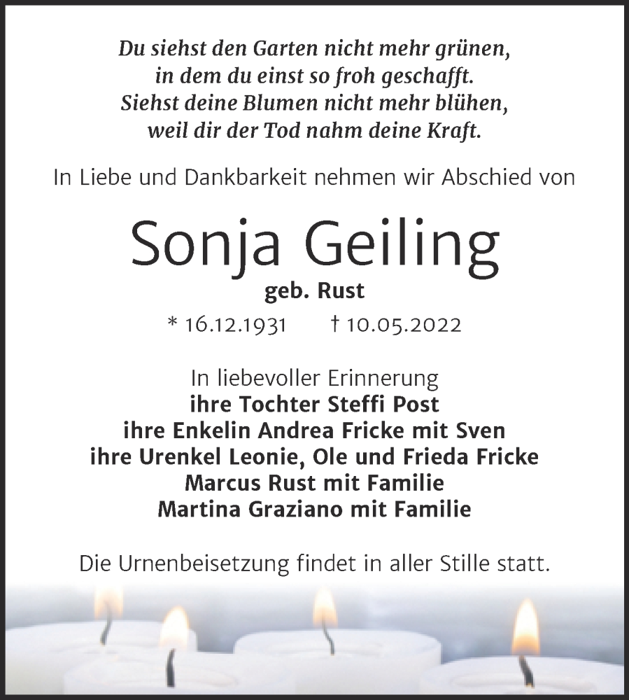 Traueranzeige für Sonja Geiling vom 14.05.2022 aus Naumburger Tageblatt