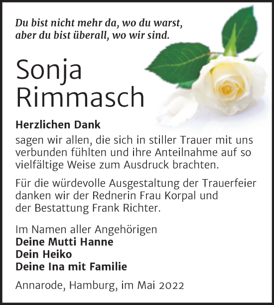 Traueranzeige von Sonja Rimmasch von Trauerkombi Mansfelder Land