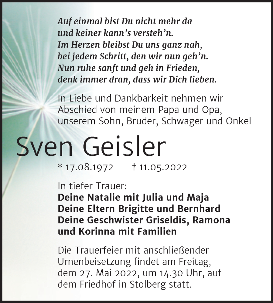  Traueranzeige für Sven Geisler vom 21.05.2022 aus Trauerkombi Sangerhausen