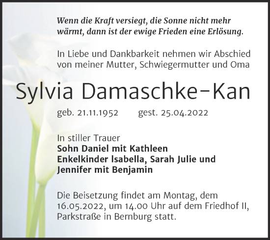 Traueranzeige von Sylvia Damaschke-Kan von Trauerkombi Bernburg