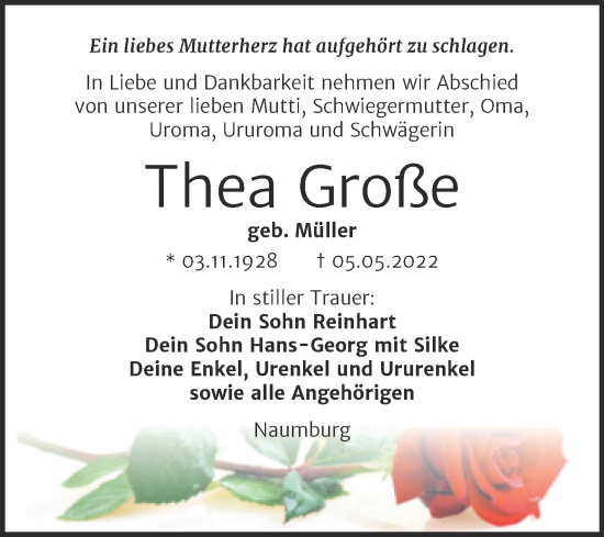 Traueranzeige von Thea Große von Wochenspiegel Naumburg/Nebra