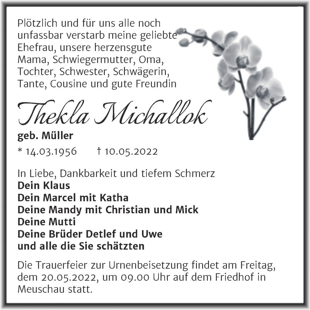  Traueranzeige für Thekla Michallok vom 14.05.2022 aus Trauerkombi Merseburg
