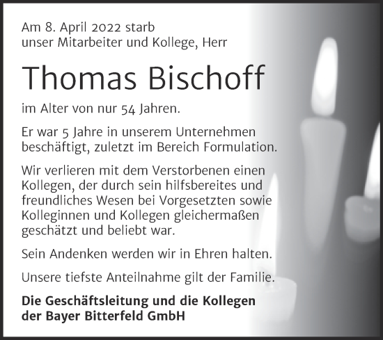 Traueranzeige von Thomas Bischoff von Mitteldeutsche Zeitung