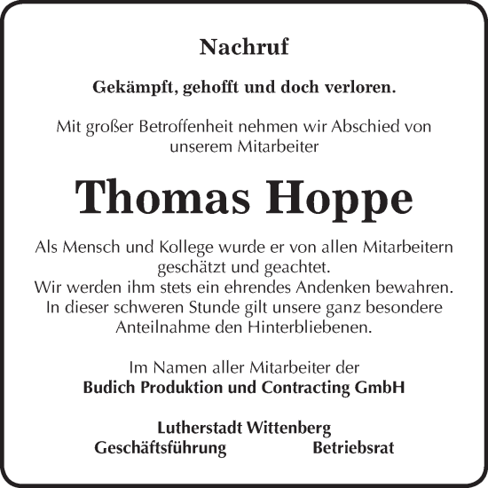 Traueranzeige von Thomas Hoppe von Super Sonntag Wittenberg