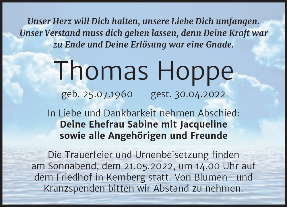  Traueranzeige für Thomas Hoppe vom 07.05.2022 aus Trauerkombi Wittenberg