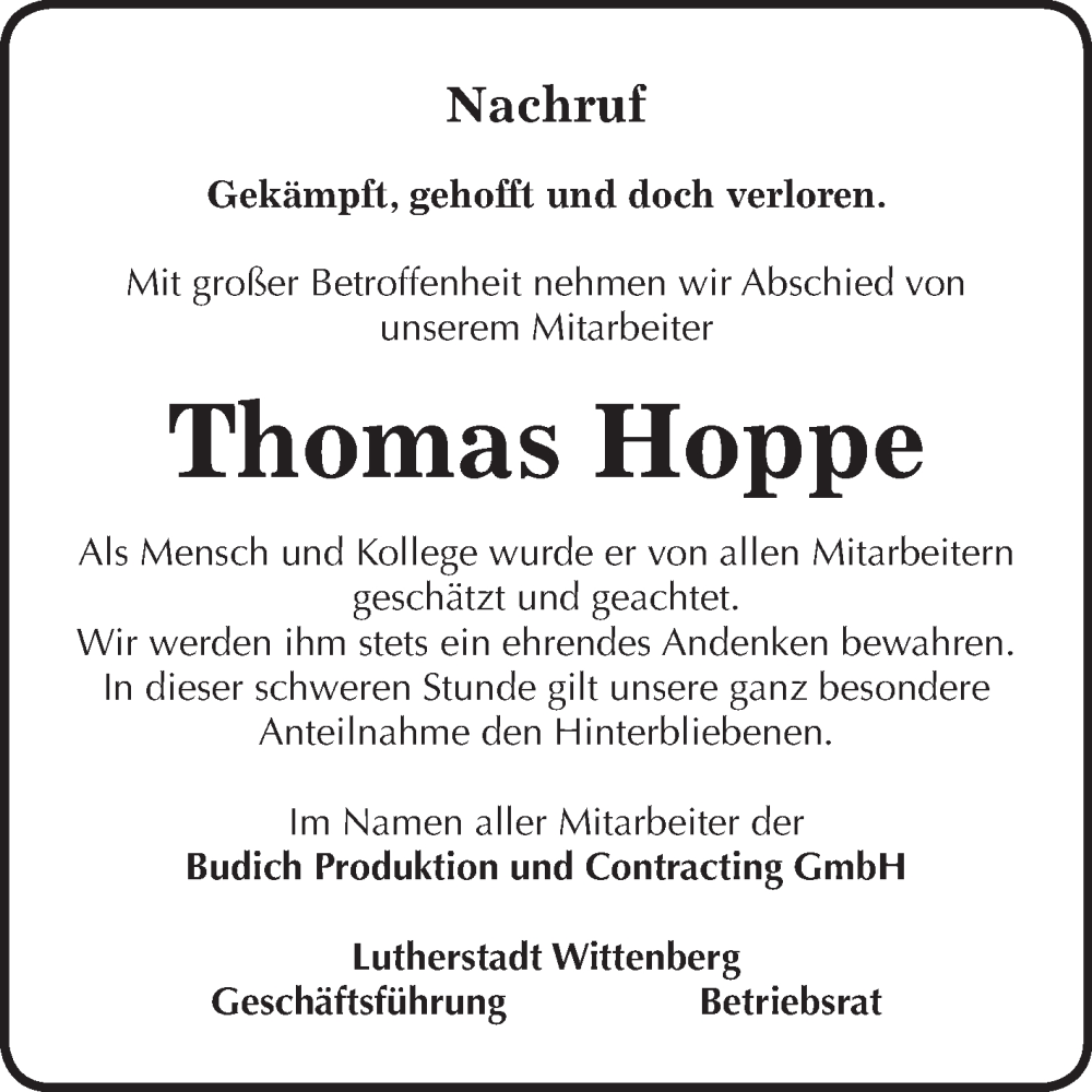  Traueranzeige für Thomas Hoppe vom 21.05.2022 aus Super Sonntag Wittenberg