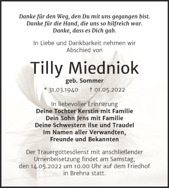Traueranzeige von Tilly Miedniok von Trauerkombi Bitterfeld