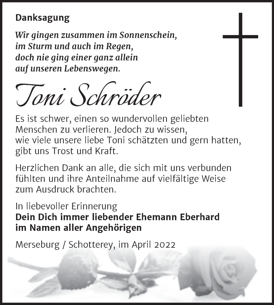  Traueranzeige für Toni Schröder vom 14.05.2022 aus Trauerkombi Merseburg