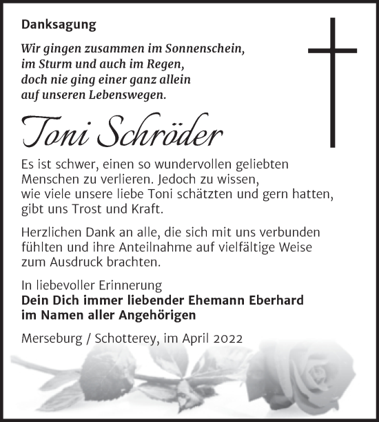 Traueranzeige von Toni Schröder von Trauerkombi Merseburg