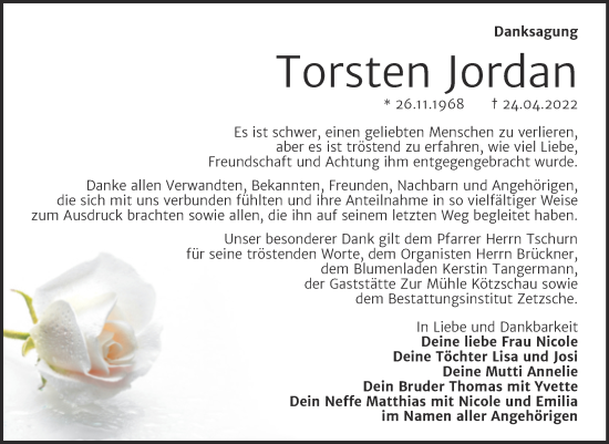 Traueranzeige von Torsten Jordan von Trauerkombi Merseburg