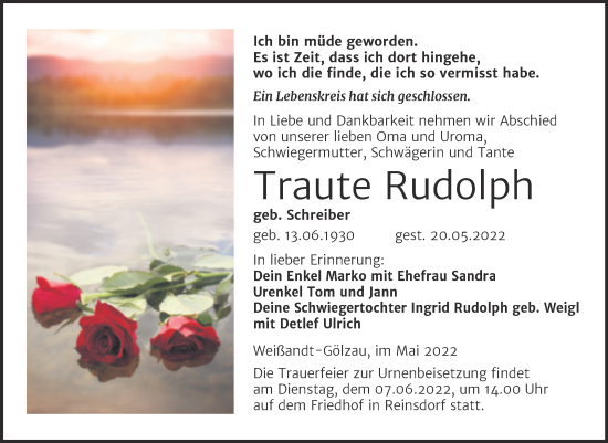 Traueranzeige von Traute Rudolph von Trauerkombi Köthen
