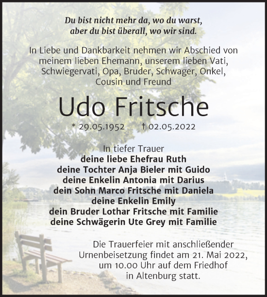 Traueranzeige von Udo Fritsche von Trauerkombi Bernburg