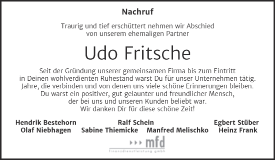 Traueranzeige von Udo Fritsche von Super Sonntag Bernburg