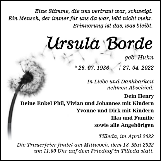 Traueranzeige von Ursula Borde von Trauerkombi Sangerhausen