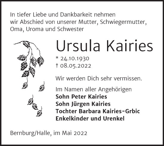 Traueranzeige von Ursula Kairies von Trauerkombi Bernburg