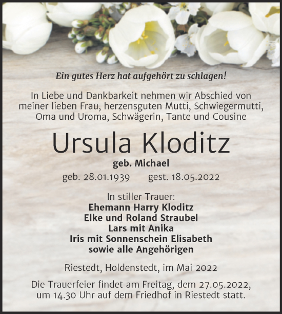 Traueranzeige von Ursula Kloditz von Trauerkombi Sangerhausen
