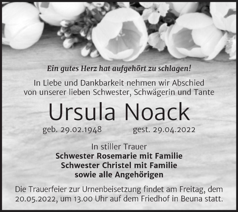  Traueranzeige für Ursula Noack vom 14.05.2022 aus Trauerkombi Merseburg