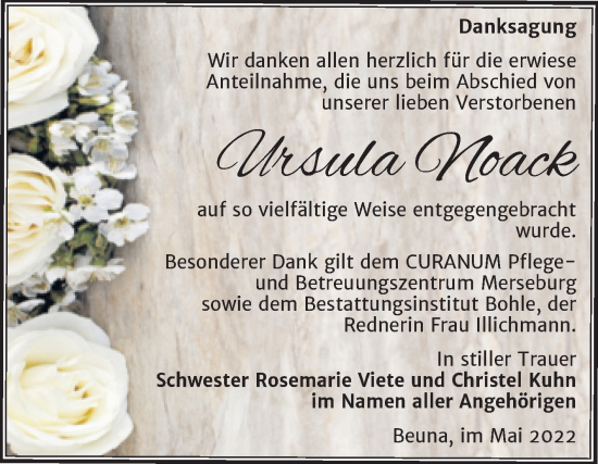 Traueranzeige von Ursula Noack von Trauerkombi Merseburg
