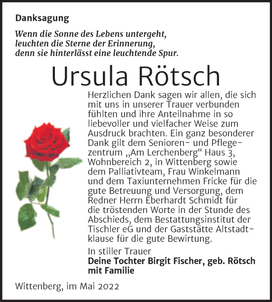 Traueranzeige von Ursula Rötsch von Trauerkombi Wittenberg