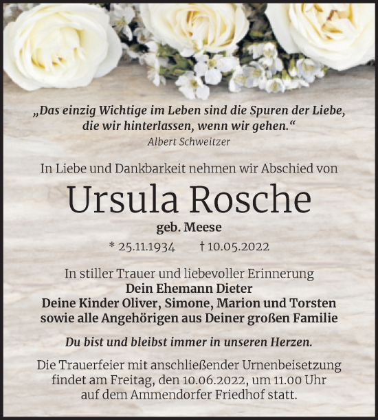 Traueranzeige von Ursula Rosche von Mitteldeutsche Zeitung Halle/Saalkreis