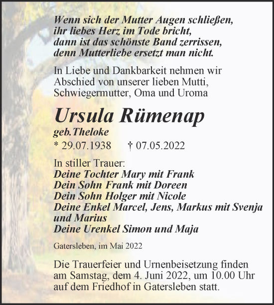 Traueranzeige von Ursula Rümenap von Trauerkombi Aschersleben