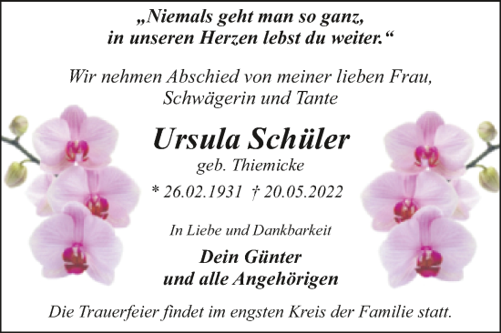 Traueranzeige von Ursula Schüler von Trauerkombi Dessau