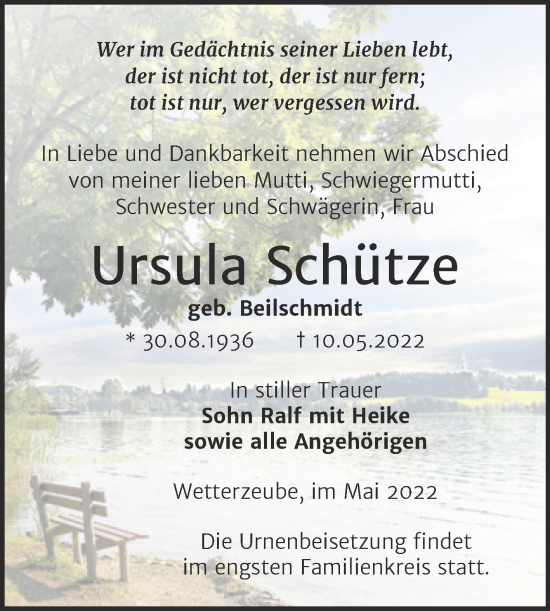 Traueranzeige von Ursula Schütze von Trauerkombi Zeitz
