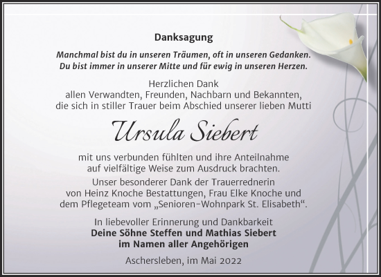 Traueranzeige von Ursula Siebert von Trauerkombi Aschersleben