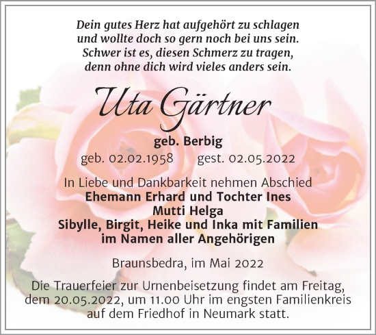 Traueranzeige von Uta Gärtner von Trauerkombi Merseburg