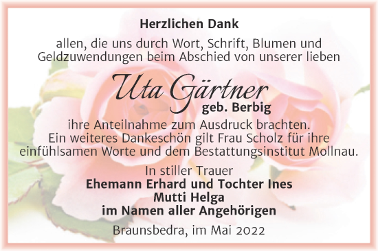 Traueranzeige von Uta Gärtner von Trauerkombi Merseburg