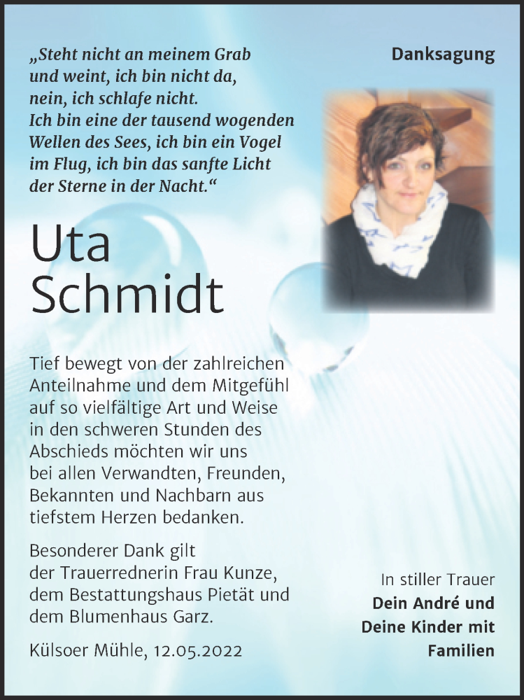  Traueranzeige für Uta Schmidt vom 14.05.2022 aus Trauerkombi Wittenberg
