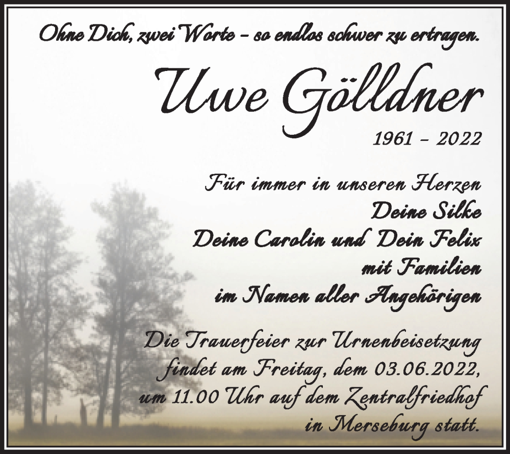  Traueranzeige für Uwe Gölldner vom 21.05.2022 aus Trauerkombi Merseburg