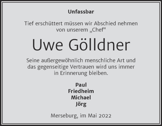 Traueranzeige von Uwe Gölldner von Trauerkombi Merseburg