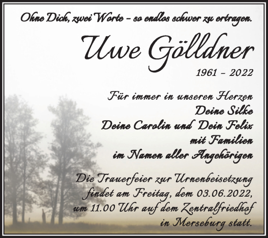 Traueranzeige von Uwe Gölldner von Trauerkombi Merseburg