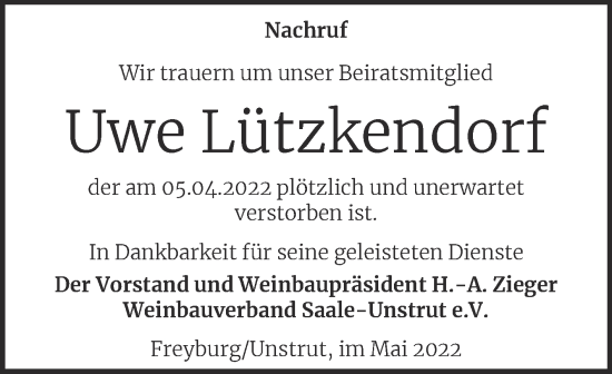 Traueranzeige von Uwe Lützkendorf von Naumburger Tageblatt