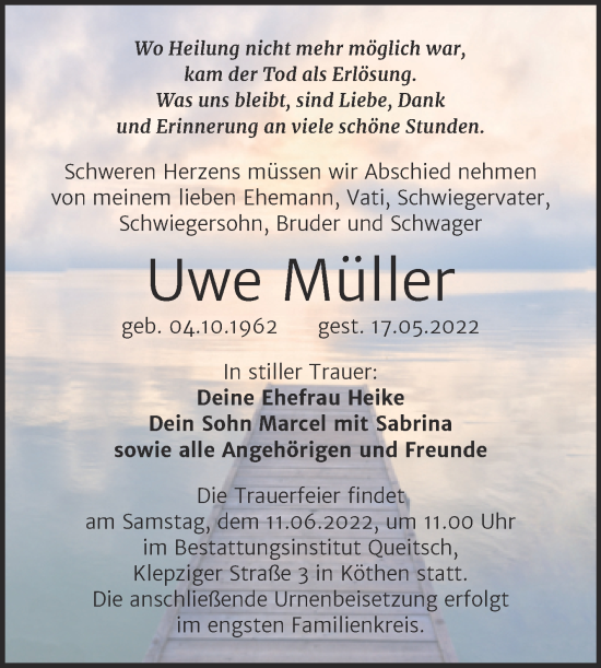 Traueranzeige von Uwe Müller von Trauerkombi Köthen