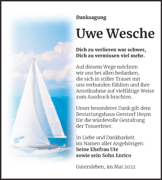 Traueranzeige von Uwe Wesche von Trauerkombi Aschersleben