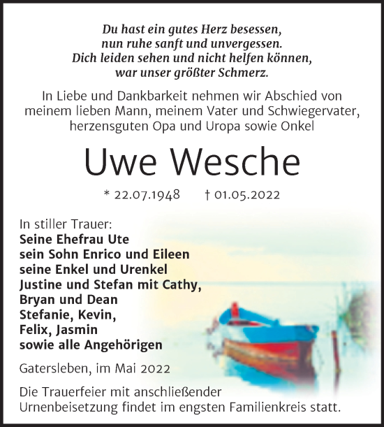 Traueranzeige von Uwe Wesche von Trauerkombi Aschersleben