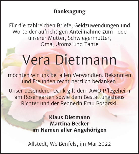 Traueranzeige von Vera Dietmann von Trauerkombi Sangerhausen
