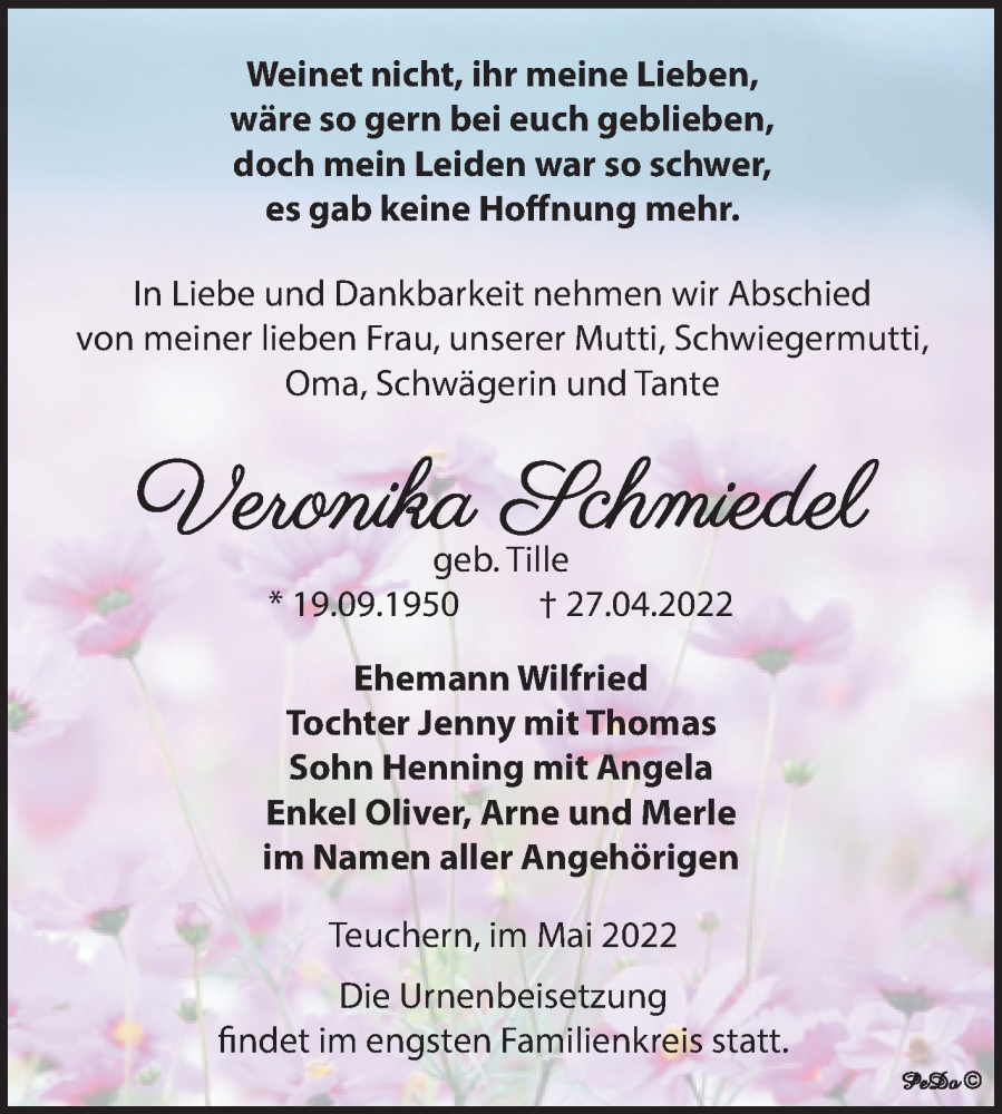  Traueranzeige für Veronika Schmiedel vom 11.05.2022 aus Trauerkombi Weißenfels