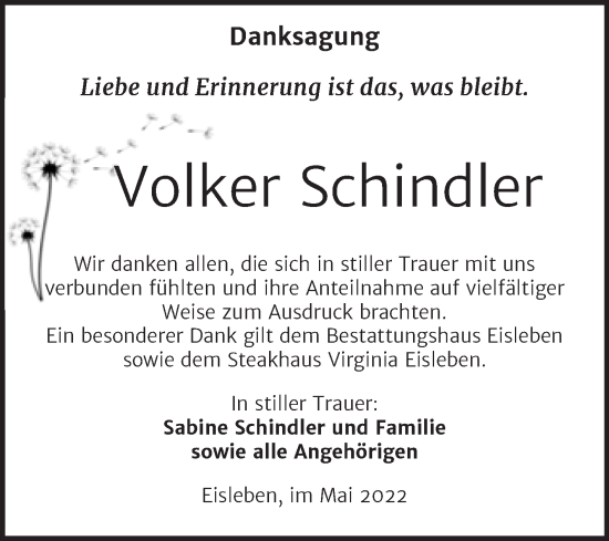 Traueranzeige von Volker Schindler von Trauerkombi Mansfelder Land