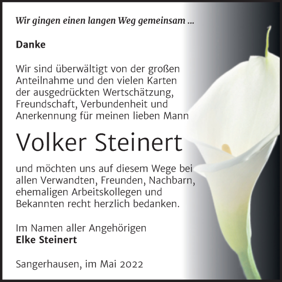 Traueranzeige von Volker Steinert von Trauerkombi Sangerhausen