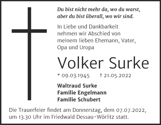 Traueranzeige von Volker Surke von Trauerkombi Dessau