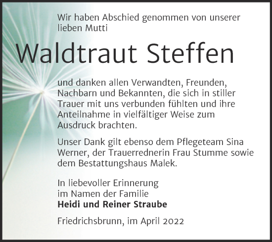 Traueranzeige von Waldtraut Steffen von Trauerkombi Quedlinburg