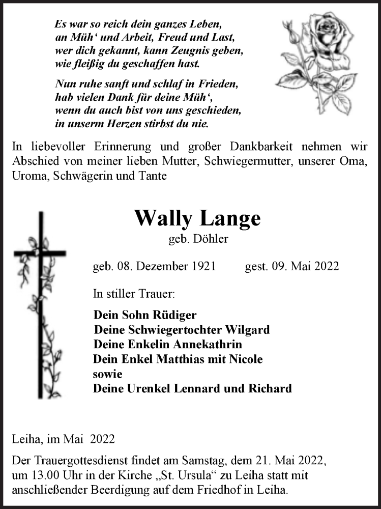  Traueranzeige für Wally Lange vom 14.05.2022 aus Trauerkombi Merseburg