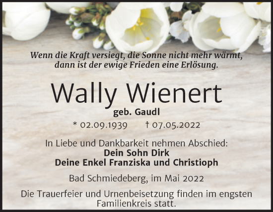 Traueranzeige von Wally Wienert von Trauerkombi Wittenberg