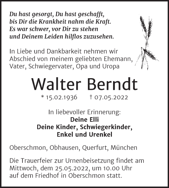 Traueranzeige von Walter Berndt von Trauerkombi Merseburg