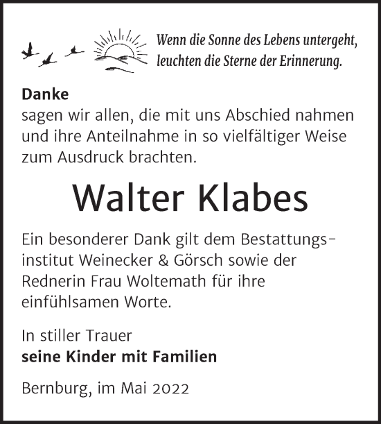 Traueranzeige von Walter Klabes von Trauerkombi Bernburg