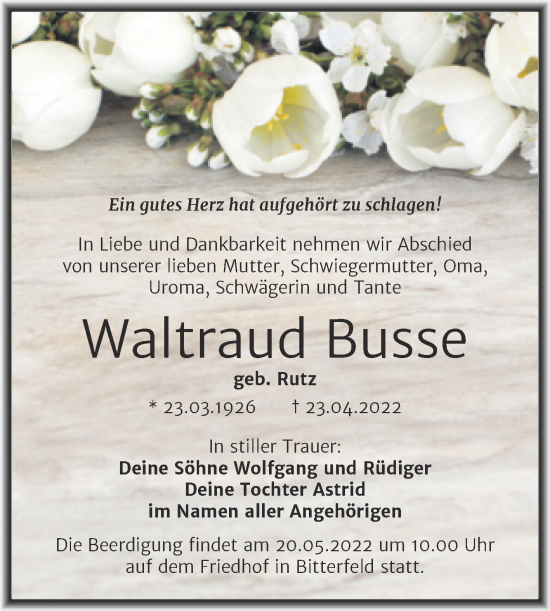 Traueranzeige von Waltraud Busse von Trauerkombi Bitterfeld